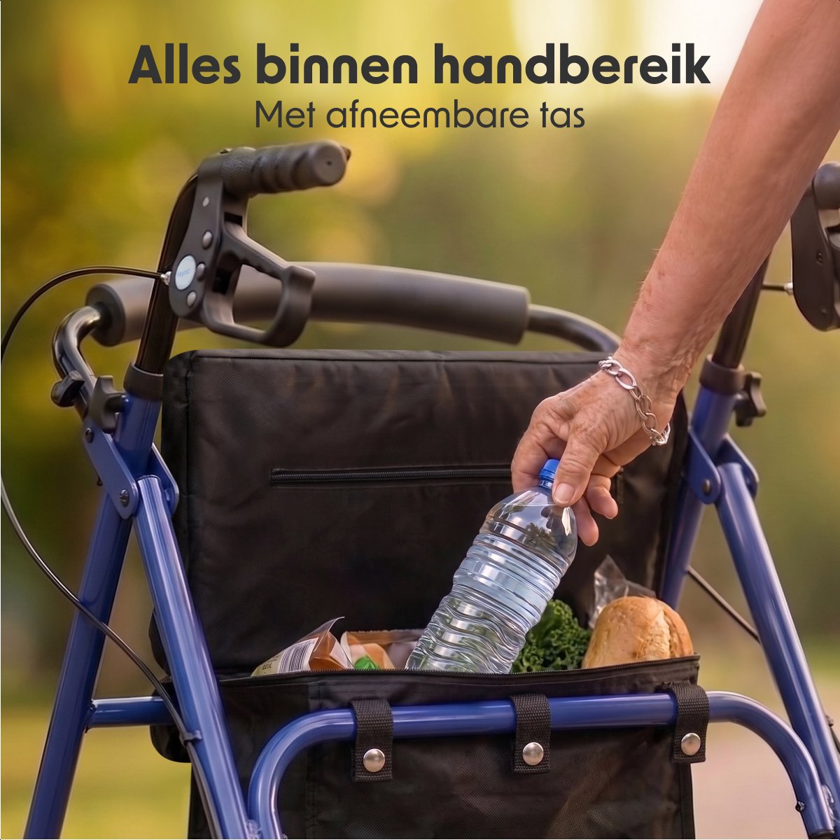 Rollator LifeGoods Basic : léger et pliable - Avec siège et dossier - Réglable de 79 à 89 cm - Capacité de charge de 136 kg - 66 x 59 x 79-89 cm - Bleu foncé