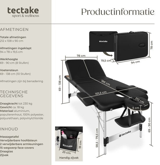 table de massage tectake® 3 Zones - Table de traitement avec sac de transport - matelas de 5 cm d'épaisseur - châssis en aluminium - largeur 78 cm - capacité de charge 230 kg - 15 appuis-tête inclus - noir