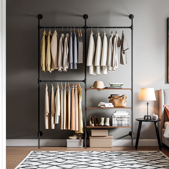 SoBuy armoire à vêtements industrielle avec 3 barres et 3 étagères en MDF, armoire ouverte robuste, noir industriel KLS18-SCH