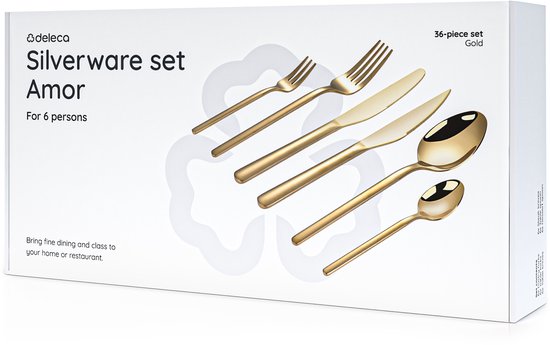Deleca 6 Person Luxury Stainless Steel Cutlery Set Amor (36 pieces) - Spoons, Knives, Forks, Steak Knives & Pastry Forks - Lave-vaisselle - Gold Design Cutlery - 18/0 Stainless Steel