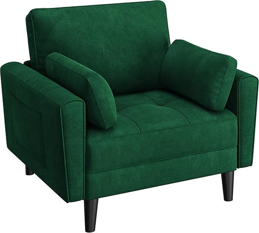 Yaheetech Fauteuil de salon moderne avec accoudoirs et poches Fauteuil de relaxation avec coussins Cadre en bois Fauteuil de chambre en tissu pour salon Vert