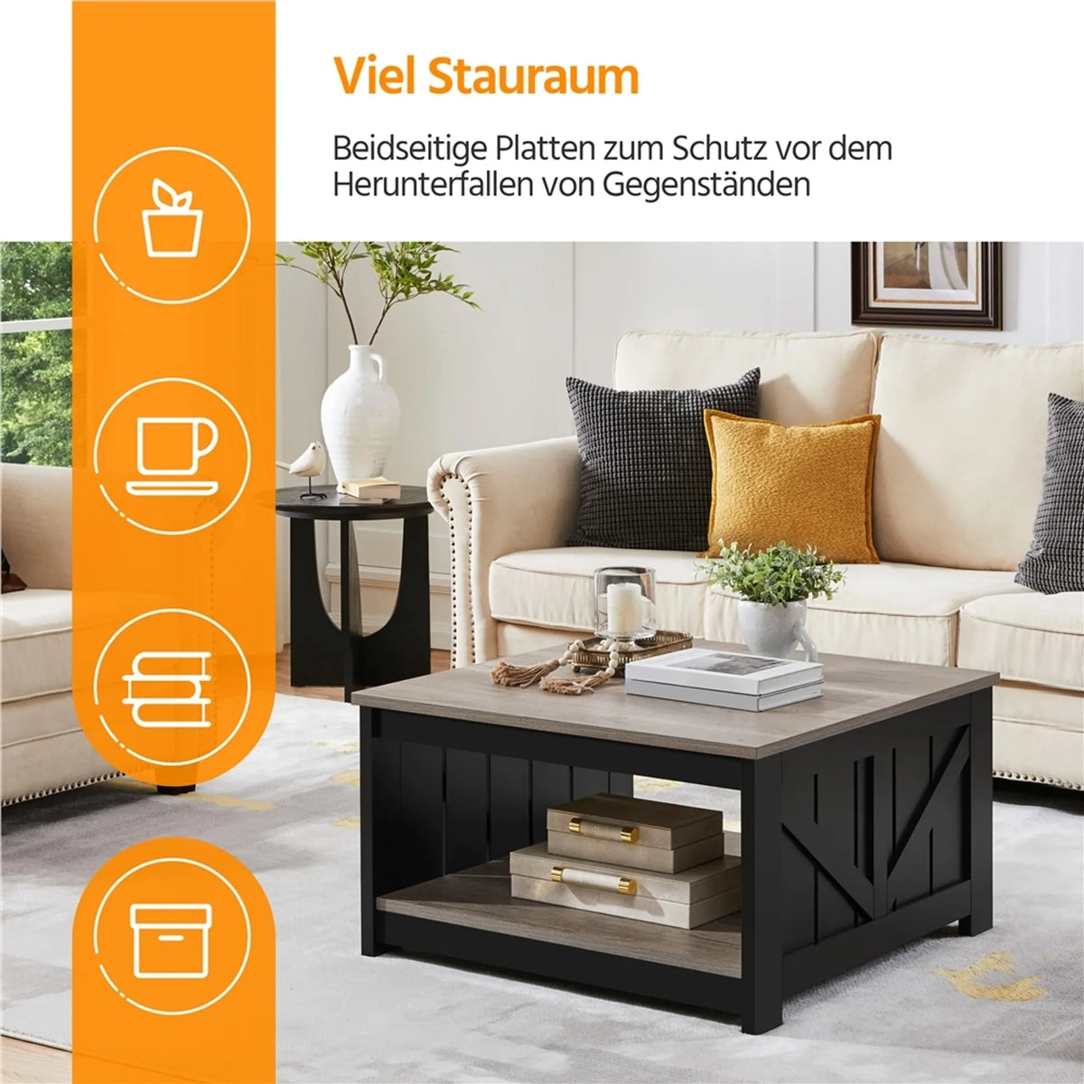 Yaheetech Table basse carrée - 80 x 80 x 45 cm - avec compartiment de rangement spacieux, design de porte de grange et placage en grain de bois - pour le salon et la salle de séjour - MDF gris E1