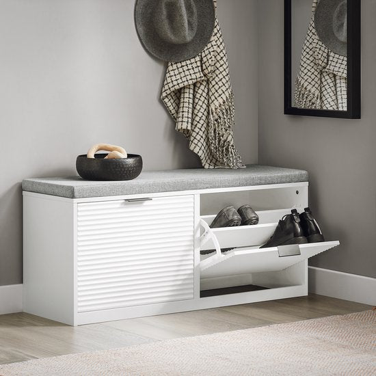 SoBuy Banc de rangement pour chaussures - Blanc - 2 rabats et coussin inclus