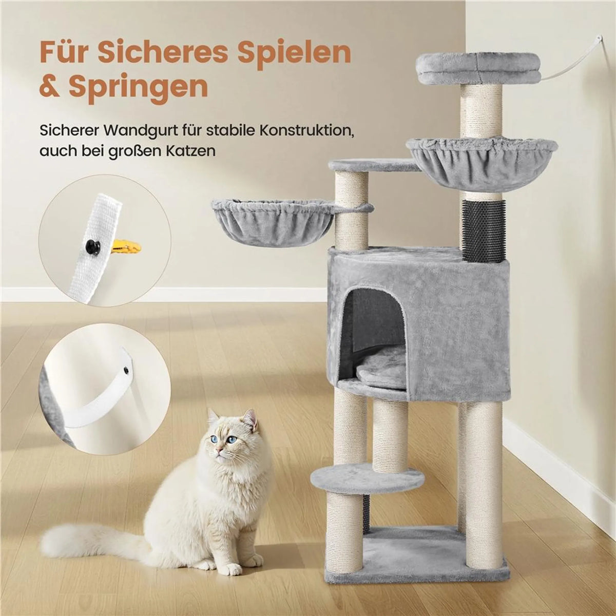 Arbre à chat Yaheetech, 160 cm de haut - tiges en sisal de ⌀11 cm, plateformes et niches pour chats - gris clair et beige