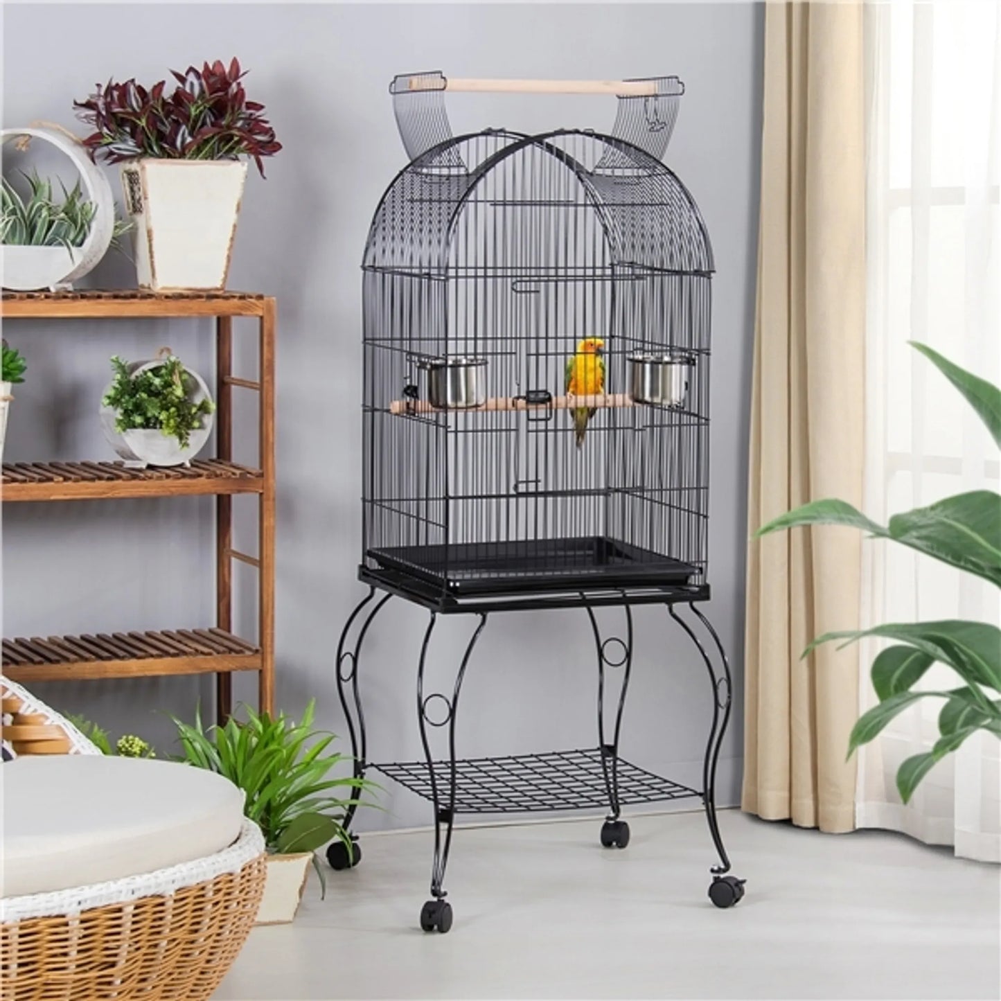 Yaheetech Cage à oiseaux - Perruches et perroquets - 59.5x59.5x150 cm - Mobile - Support amovible - Perchoirs - Noir