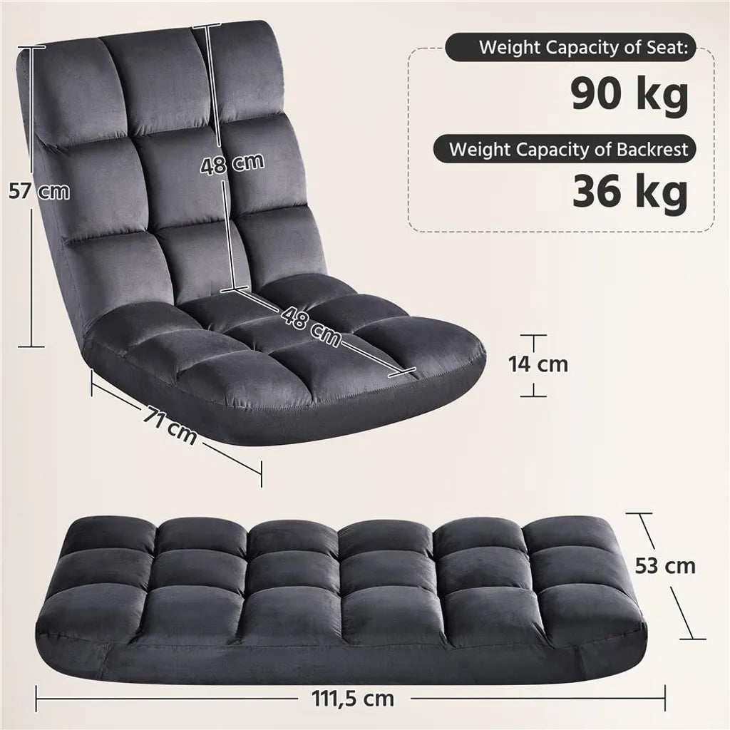 Fauteuil de sol réglable Yaheetech 111,5 x 53 cm - Gris - Fauteuil de gaming et de détente pliable à 14 positions