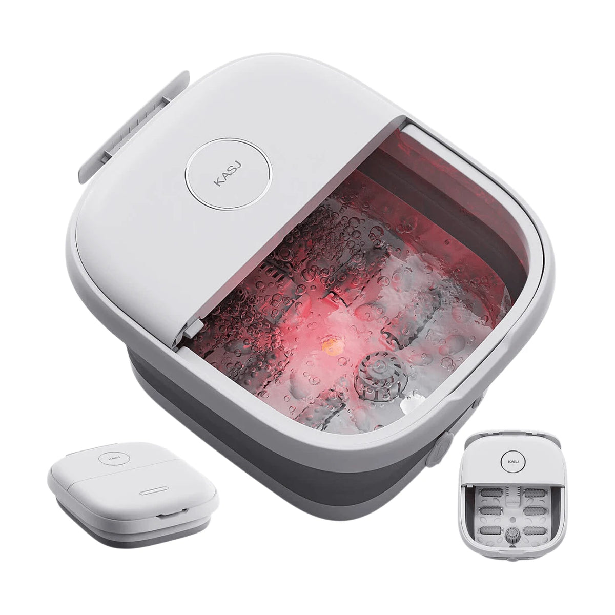 Bain de pieds Kasj T5-A - Blanc - Pliable - Chauffage jusqu'à 45 °C - Jets à bulles - 6 rouleaux de massage - Lumière rouge - 41 x 34 x 25 cm