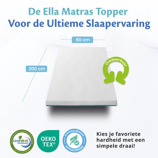 Ella Topper 80x200 cm - Matelas Topdekmatras - Surmatelas en mousse à mémoire de forme infusée de gel et mousse Aircell - fermeté moyenne