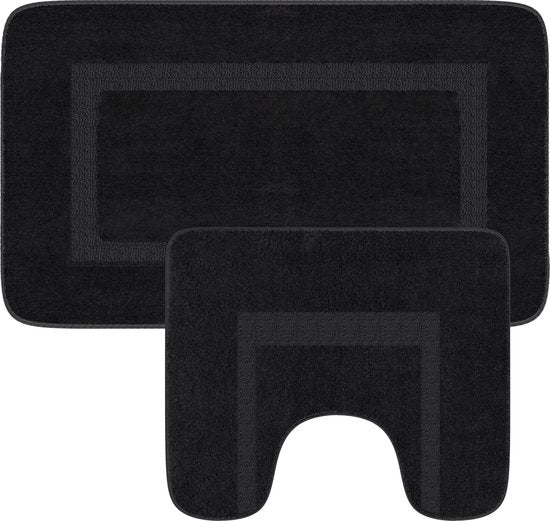 Loti Living Tapis de bain avec tapis de toilette antidérapant - Tapis de douche - Tapis de salle de bain - Tapis de sol - Tapis de bain avec tapis de toilette - Tapis de bain antidérapant - Noir - 50x80 cm + 50x40 cm