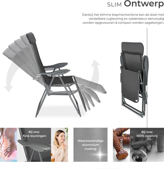 tectake® - Lot de 2 chaises pliantes - Chaises de jardin en aluminium - Pliantes avec appui-tête et repose-pieds - Chaises longues pour le jardin, la terrasse ou le balcon - Chaise de camping - Anthracite
