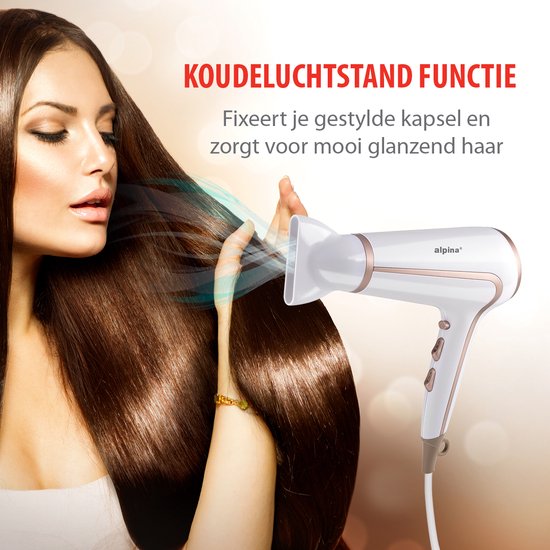 alpina Föhn 1600-2000 W - Sèche-cheveux avec 3 réglages de chaleur - Sèche-cheveux avec fonction « Cool Shot » - Sèche-cheveux avec embout supplémentaire et anneau de suspension - Blanc/Rosé