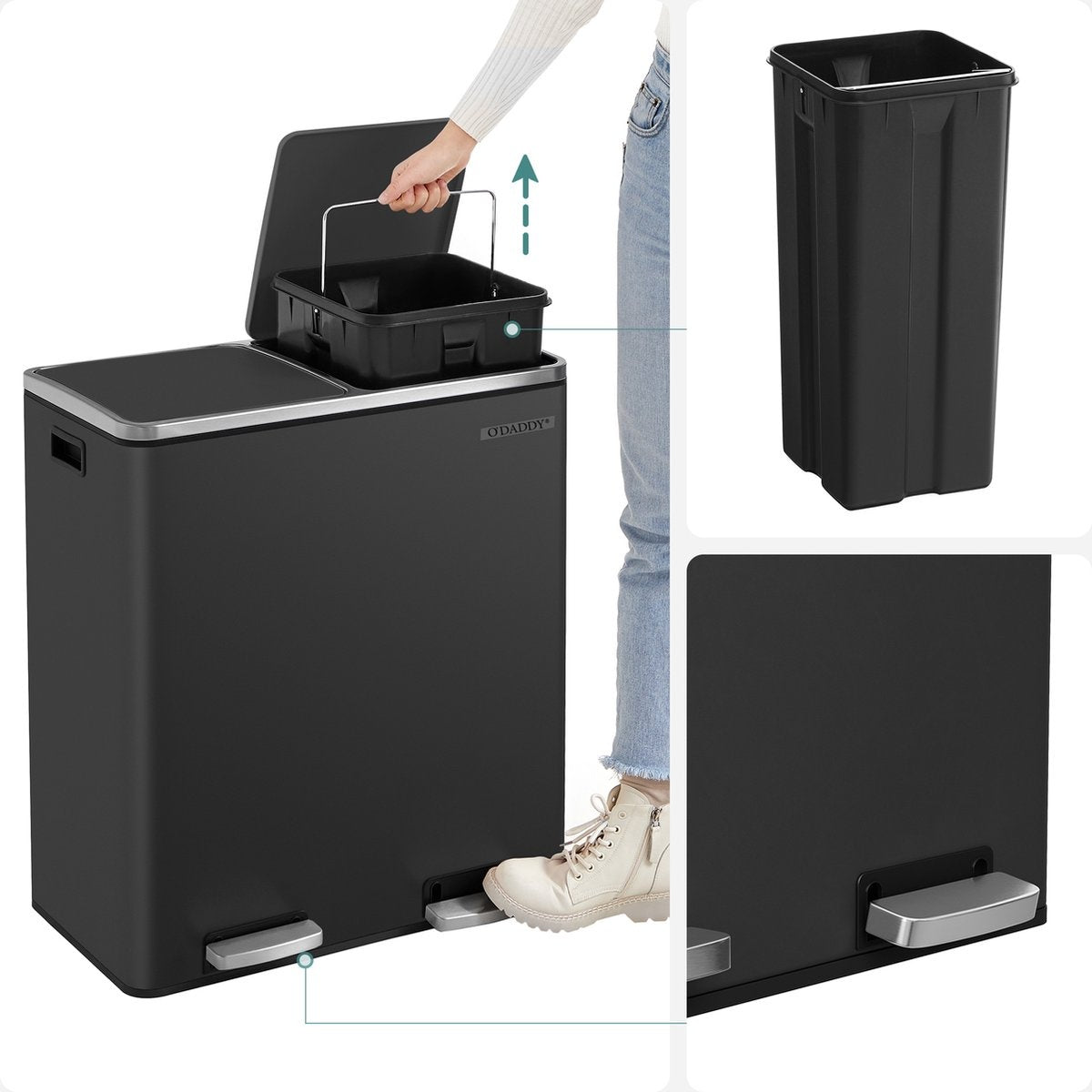 Poubelle O'DADDY® - 60L (2x 30L) - à pédale - 59 x 65 x 32 cm - Noir