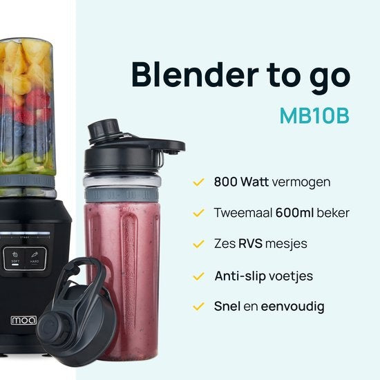 Blender - MOA - Blender to Go - Mini Blender - 2 gobelets en Tritan de 600ml - Smoothie Maker - 800W - Noir - MB10B