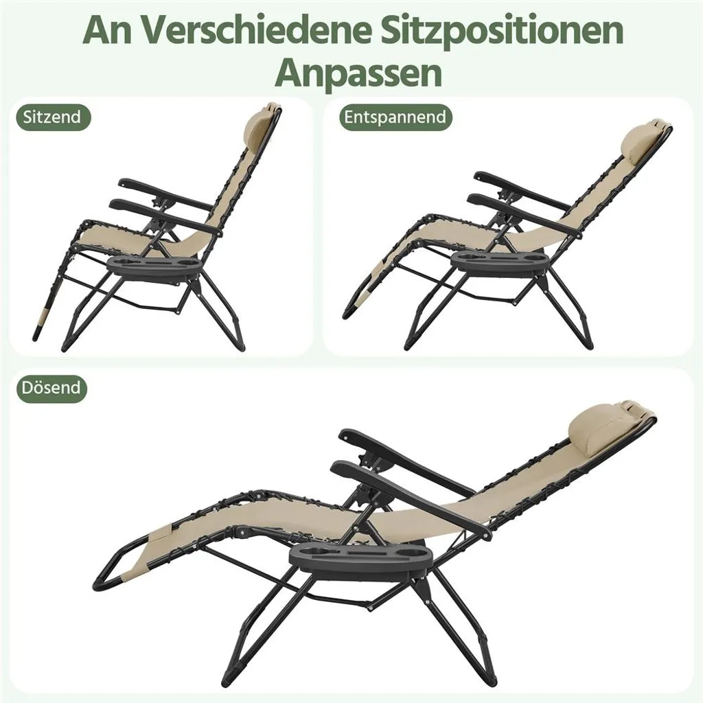 Yaheetech Lot de 2 chaises longues avec table d'appoint - Beige - Chaises longues de jardin pliables « Zero Gravity » avec oreiller et porte-gobelets