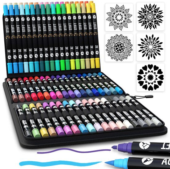 NAPI 72 marqueurs acryliques Dual Tip - Twinmarkers - Marqueurs peinture Happy Stones - Peinture sur pierre avec marqueurs peinture acrylique - Adultes et enfants - 5 modèles de mandalas inclus