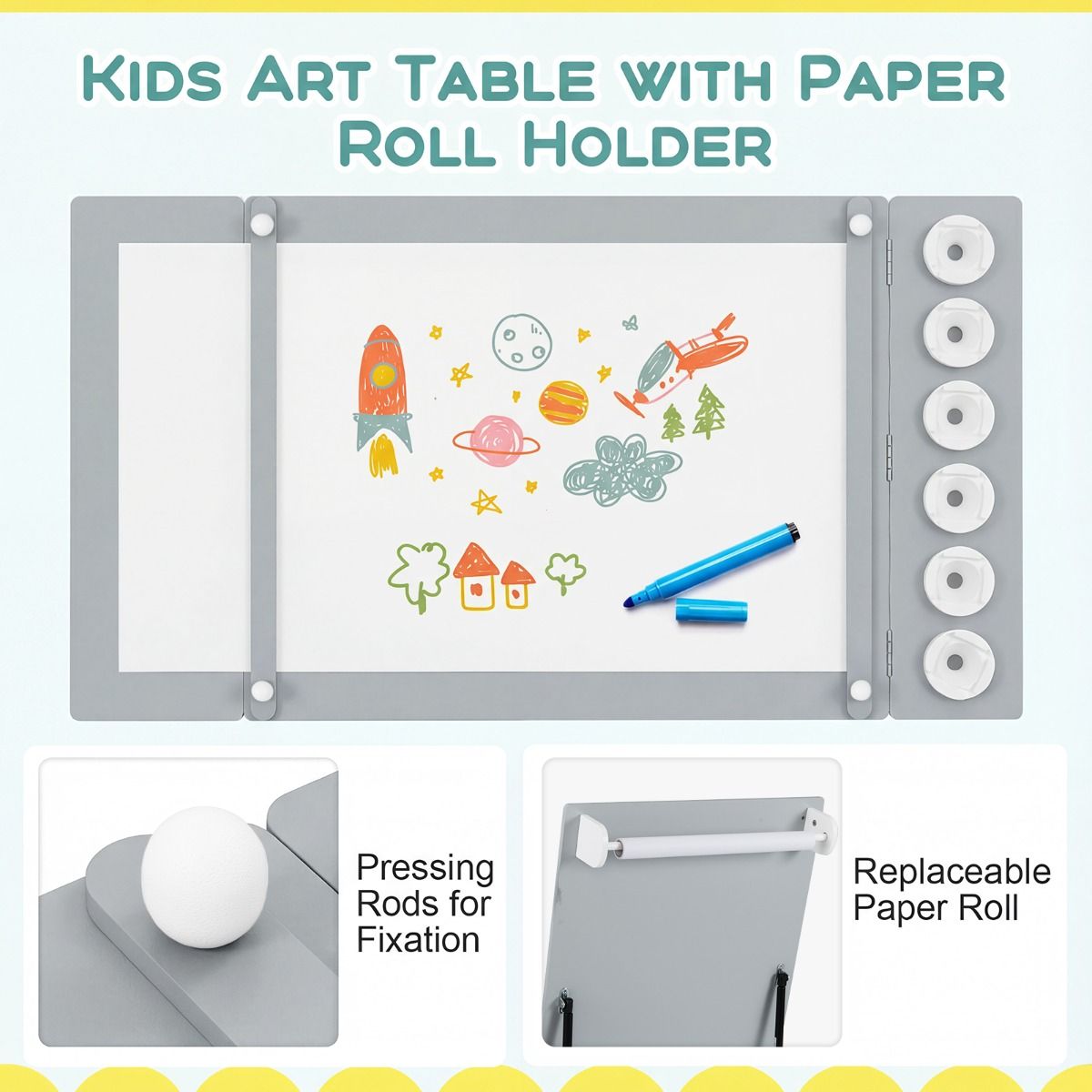 Ensemble table et chaises pour enfants Coast - Table à dessin 2-en-1 avec espace de rangement et rouleau de papier - gris