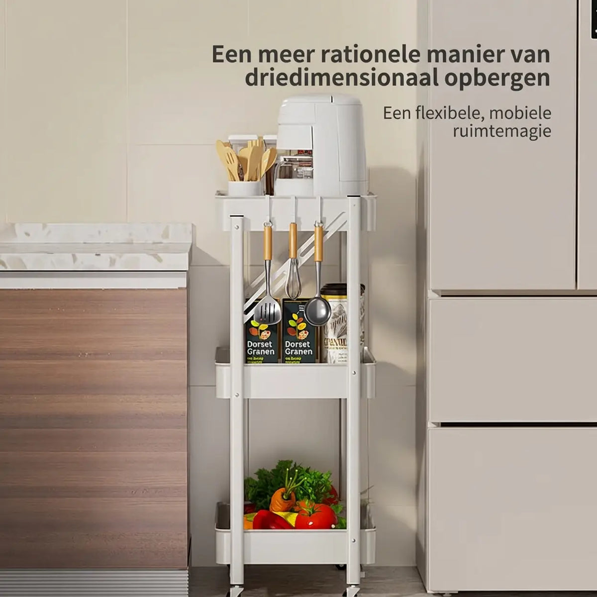 Chariot de cuisine pliable J.ZAO - 30 × 45 × 77 cm - Blanc - 3 niveaux - Mobil et sans montage