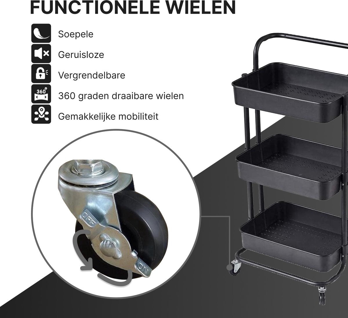 O'DADDY® Chariot de cuisine sur roulettes - chariot de service - chariot de cuisine noir - mobile et fixe - 3 étages - 86 x 43 x 36 cm