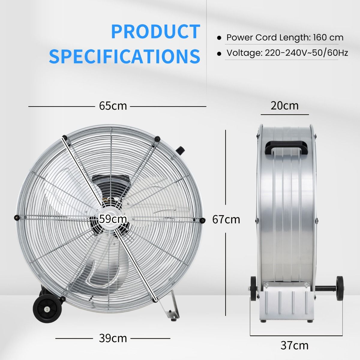 Coast Ventilateur industriel à tambour - 3 vitesses, 180W, Max. 1300 CFM - 65 x 37 x 67 cm - Acier/Aluminium - Argent