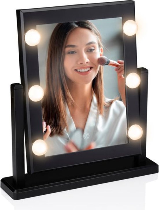 Touch of Beauty Make Up Mirror - Miroir avec éclairage - 6 LED lumière blanche chaude ou froide - Miroir debout inclinable à 180 degrés - Miroir de maquillage avec éclairage LED - blanc ou noir au hasard