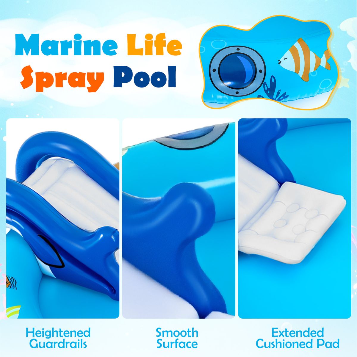 Piscine gonflable pour enfants Coast - Espace de jeux aquatiques sur le thème de la mer - Toboggan en forme de requin et jet d'eau - Multicolore 188 x 153 x 63 cm