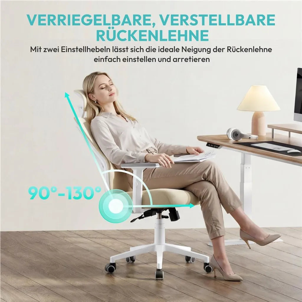 Chaise de bureau ergonomique Yaheetech avec appui-tête et soutien lombaire réglables - Beige - 70 x 59 x 115-125 cm