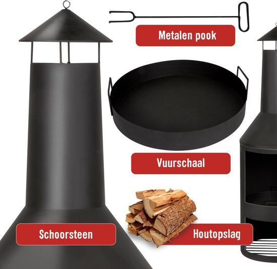 BBQ Collection Poêle d'extérieur avec cheminée - Poêle de jardin 134 x 44,5 x 44,5 cm - Poêle de terrasse pour bois de chauffage - Poêle de terrasse avec récupérateur de cendres, tisonnier et rangement pour le bois - Jardin et terrasse - Acier au carbone