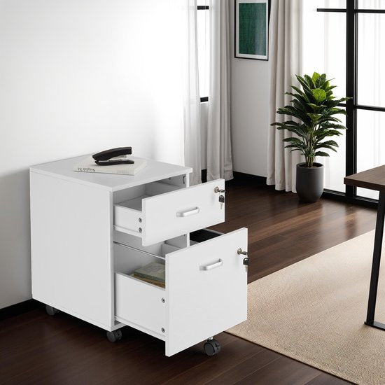 tectake® Meuble à tiroirs - Avec 2 tiroirs verrouillables, roulettes verrouillables - Meuble à roulettes - Organisateur - Parfait pour un lieu de travail organisé - Bureau, bureau d'étude, home office - Blanc