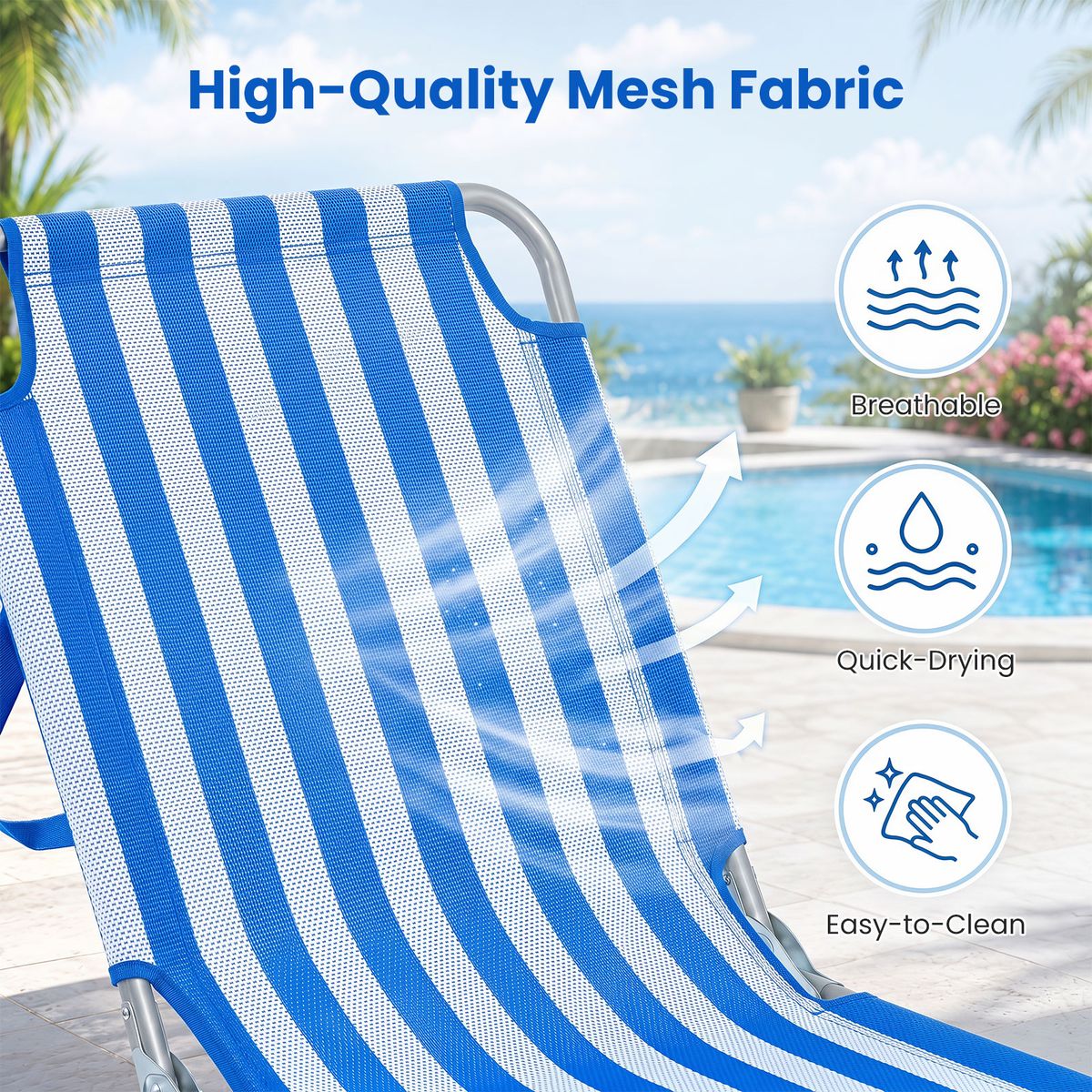 Chaise longue pliable Coast - réglable sur 4 positions - avec repose-pieds - bleu et blanc