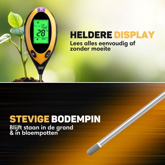 Vulpes Goods® Humidimètre pour plantes - 4 en 1 - hygromètre - intérieur et extérieur - hygromètre pour plantes d'intérieur - - pH, photomètre, thermomètre et humidimètre - Humidimètre pour sol - Version PRO - Batterie incluse