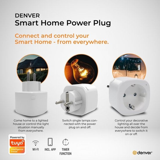 Denver Smart Plug avec compteur d'énergie - Mise à la terre - Minuteur - Prise intelligente - TUYA - Fonctionne avec Amazon Alexa et Google Home - Wifi - Pour iOS et Android - SHP102