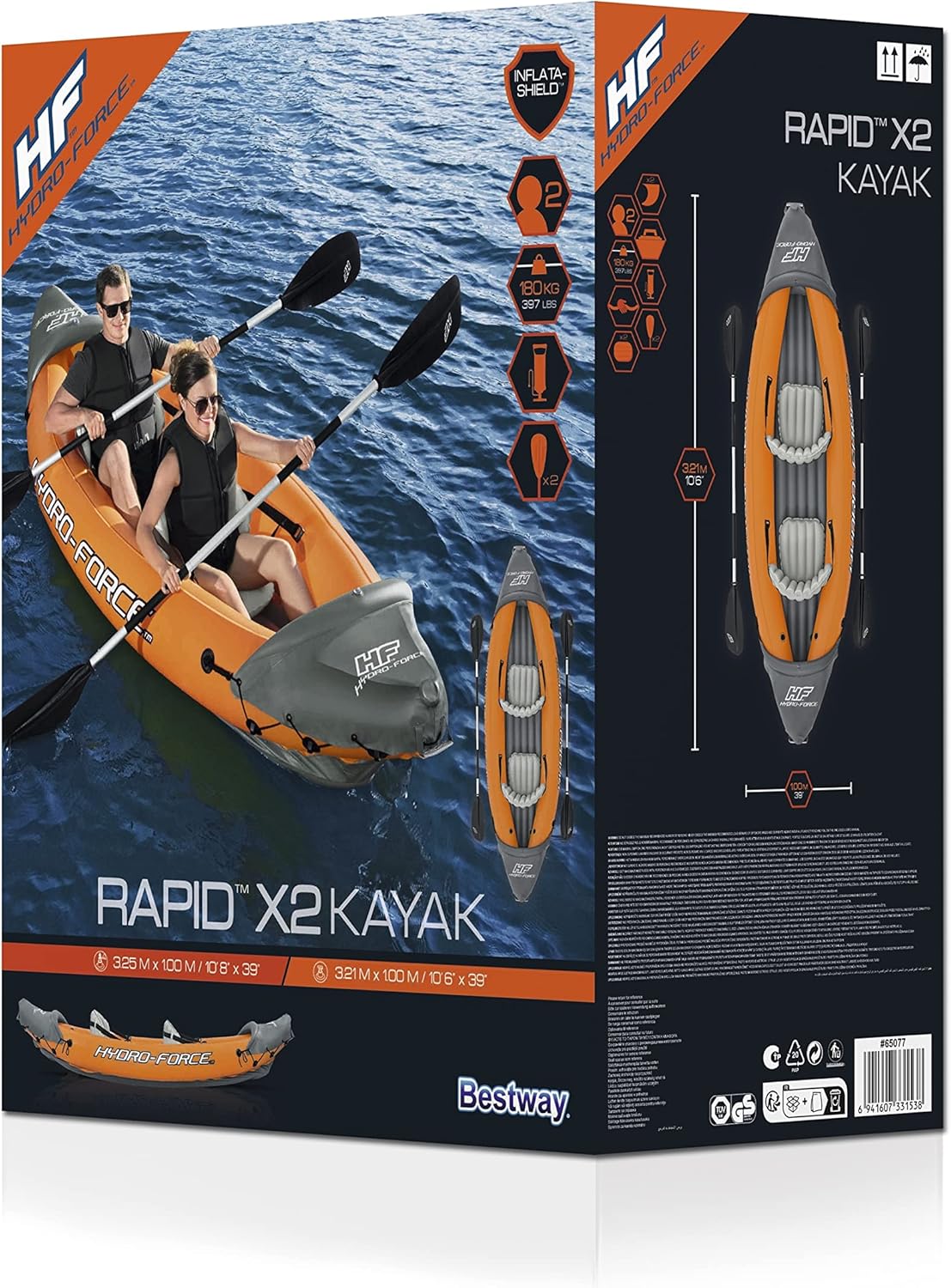 Hydro-Force Rapid - Kayak gonflable pour 2 personnes - avec sièges - dossier - pagaies - pompe à main - et sac de transport - orange