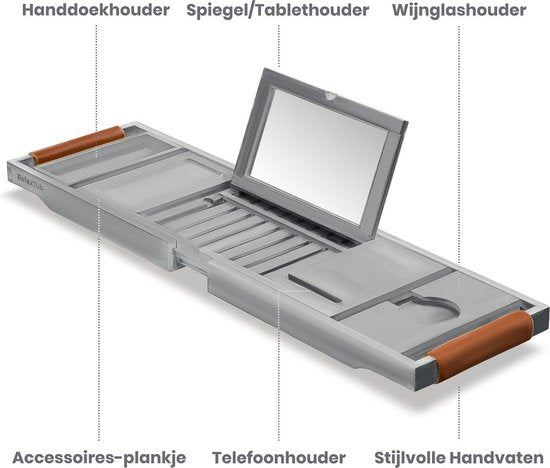 RelaxTub® Bathboard - Planche de bain pour la baignoire - Support de bain - Réglable - Antidérapant - Planche de bain grise - Planche de bain en bois - Support de bain avec porte-livre, porte-tablette et miroir