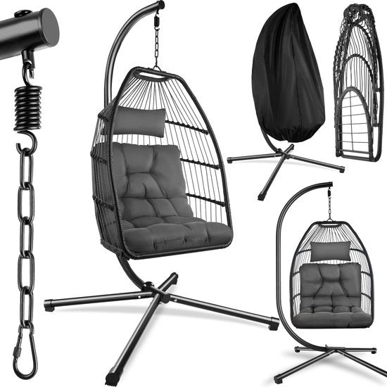 tectake® - Chaise suspendue de luxe - chaise pliante et pivotante avec support - coussins épais - pieds antidérapants - housse de protection incluse. Idéal pour le jardin, la terrasse, la chambre - gris foncé