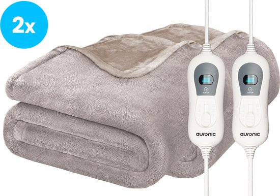 Auronic - Couverture électrique 2-Pack - 160 x 120 cm - 3 niveaux de chaleur et arrêt automatique - Flanelle extra douce - Lavable en machine - Polaire & Taupe