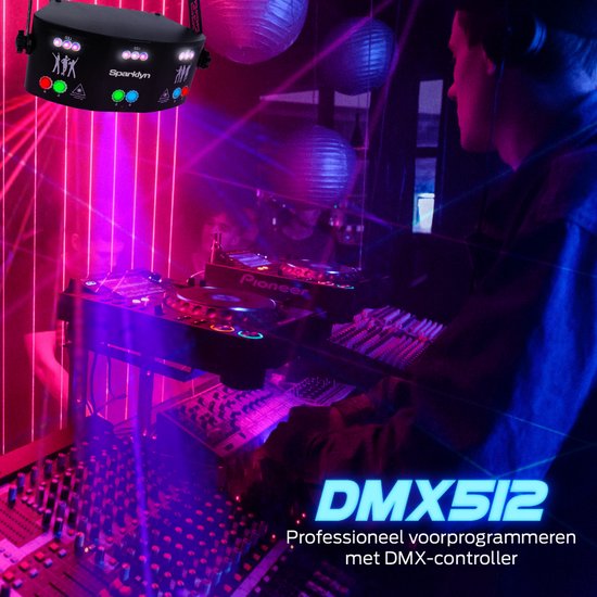 Laser disco professionnel Sparklyn avec 15 projecteurs - 120 combinaisons lumineuses - Télécommande - Contrôlable via DMX - Lampe disco - Noir
