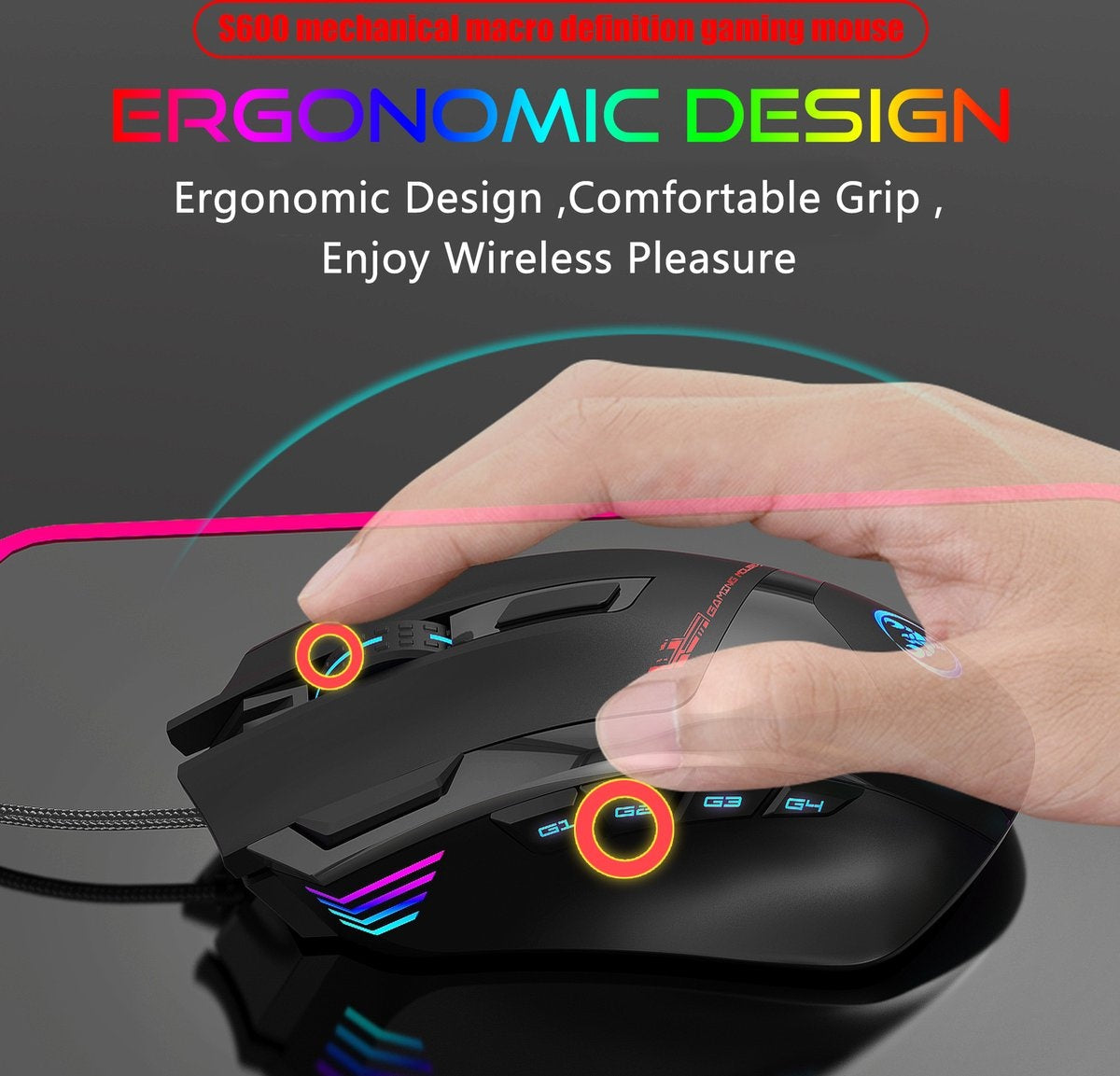 HXSJ S600 Pro Optical Gaming Mouse - Programmable - Lumière RGB - Ergonomique - 7200DPI - Noir