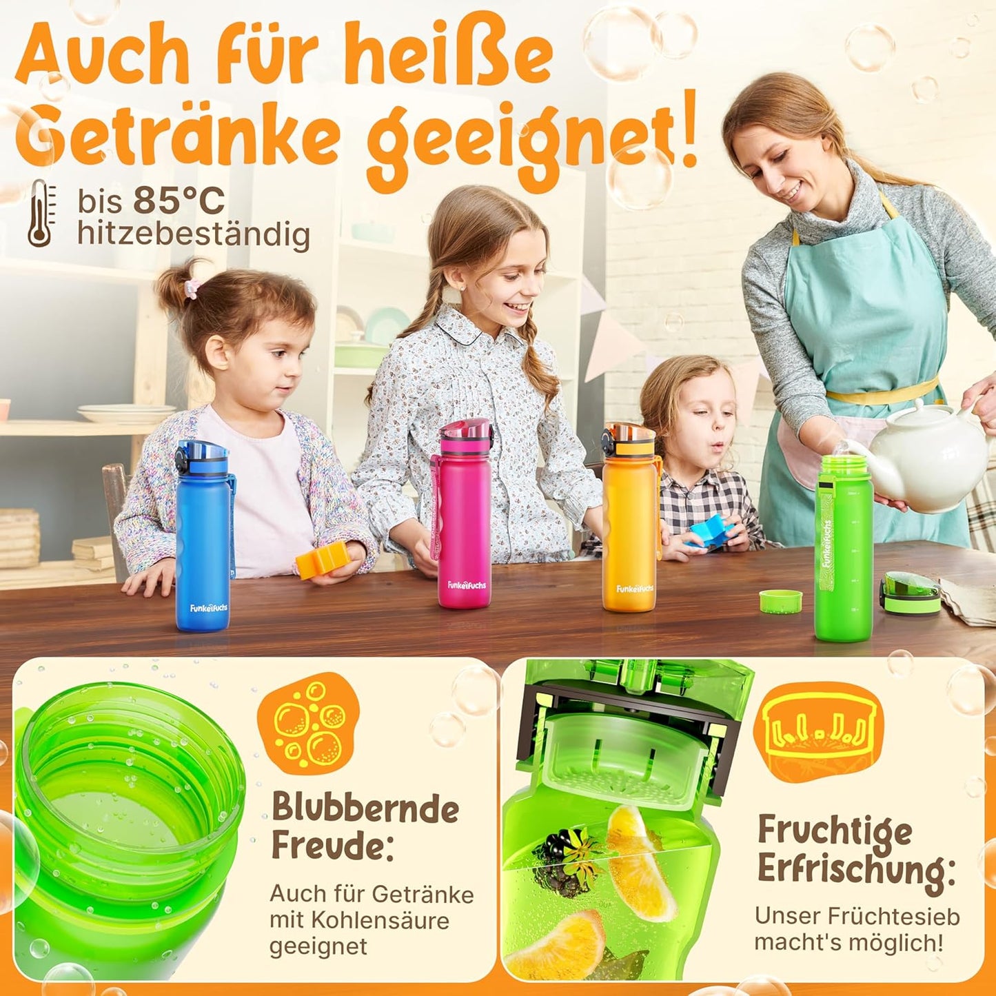 Funkelfuchs® - Bouteille pour enfants - 500ml, verte - gazeuse - 100% étanche - bouteille d'eau lavable au lave-vaisselle - pour le jardin d'enfants, l'école, le sport