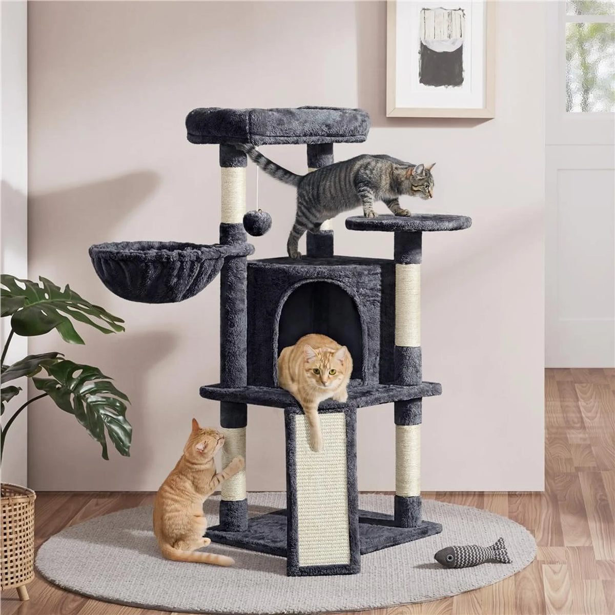 Yaheetech Cat Post With 5 Sisal Poles - Equipped With Padded Viewing Platform And Hammock And Cat Burrow - For 2 To 3 Small And Medium Cats - Dark Grey Plush And Metal - 43,5 x 43,5 x 106 cm
