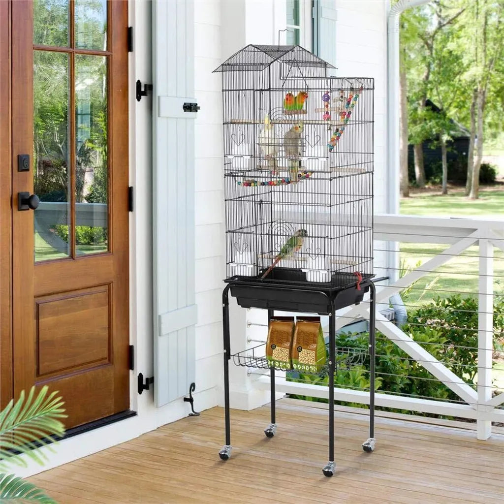 Cage à oiseaux Yaheetech XL - Avec pied/roulettes - 46 x 35,5 x 158,5 cm - Noir