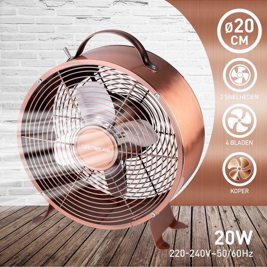 Ventilateur de table - Lifetime Air - 230V - Ventilateur de bureau 20CM - 2 vitesses - Matériau durable - Cuivre