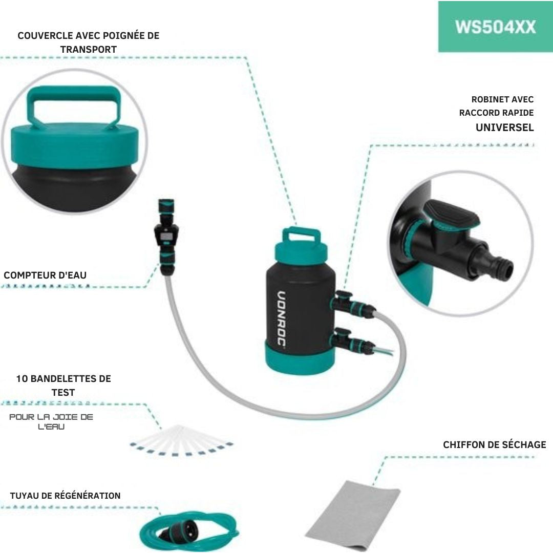 Adoucisseur d'eau VONROC - détartreur portable - adoucit 1000 litres par régénération - Compteur d'eau, bandelettes de test de dureté de l'eau, tuyaux et raccords inclus. - bleu/noir