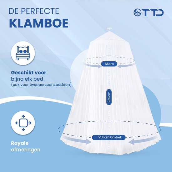 TTD® Moustiquaire XXL de haute qualité 2 personnes avec sac de voyage - Polyester - Lavable en machine - Moustiquaire 1 personne - Moustiquaire bébé - Moustiquaire - Moustiquaire - 65 x 250 x 1250 cm - Anneau et kit de montage inclus