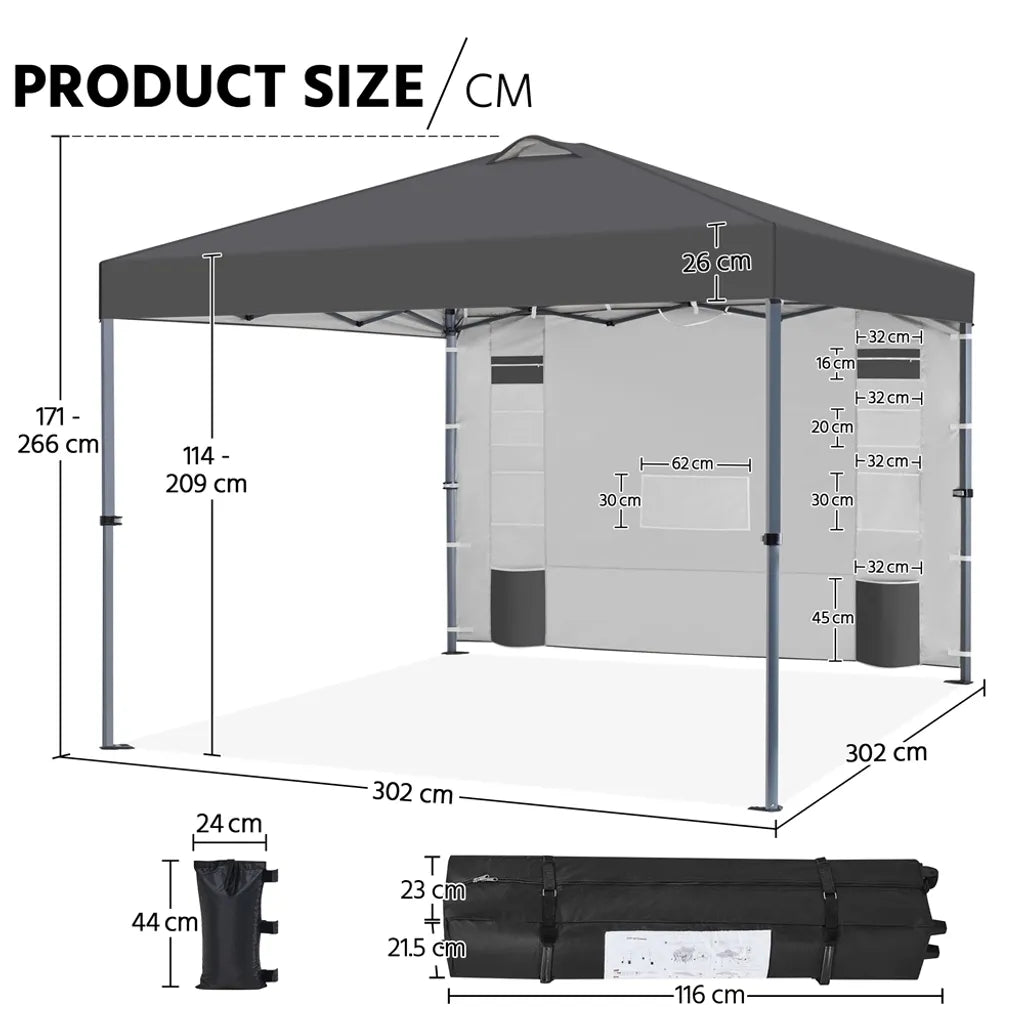 Tente de fête Yaheetech - 3 x 3 m - Avec paroi latérale - Réglable de 171 à 266 cm - Imperméable - Gris foncé