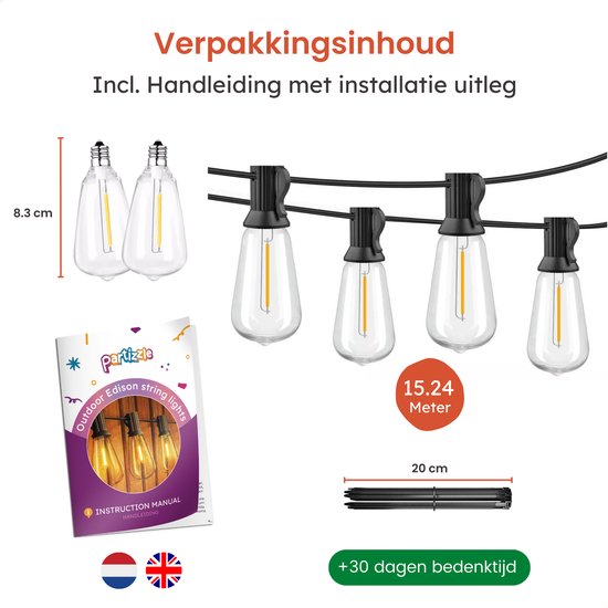 Partizzle 15m LED Guirlande lumineuse Edison - 25 Lampes - Guirlande lumineuse de Noël étanche pour terrasse extérieure et camping - Lumières de Noël / Lumières de jardin - 2700k / Blanc chaud