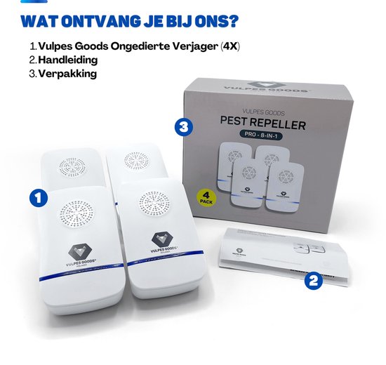 Vulpes Goods répulsif à ultrasons pour souris PRO - 8-en-1 - Répulsif pour souris d'intérieur - 4 pièces - Blanc