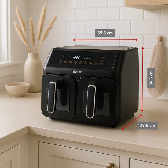 Alpina Friteuse à air chaud double XXL - Friteuse à air chaud 2 x 4 L - Friteuse à air chaud avec écran tactile numérique - Four à air chaud pour 6 personnes et plus - 8 programmes de cuisson - Mode Sync - Fonction minuterie