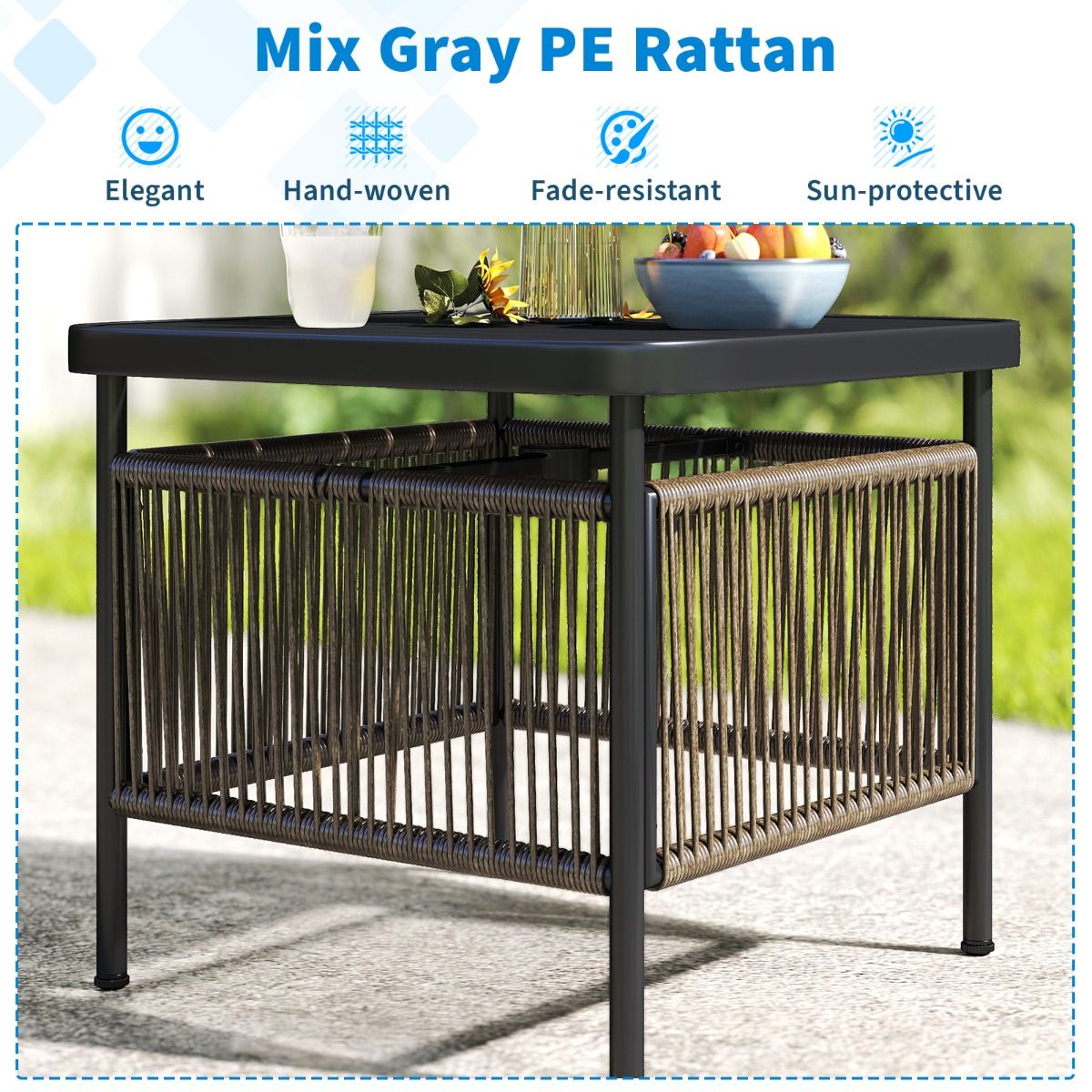 Table d'appoint d'extérieur Coast - en rotin résistant aux intempéries - avec trou pour parasol - noir - 56 x 56 x 49 cm