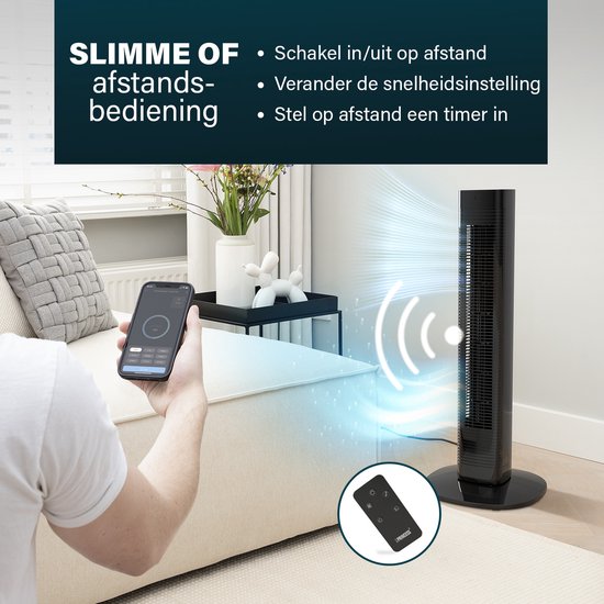 Ventilateur colonne intelligent 80 cm – Application et télécommande – Minuterie – Économe en énergie – Princess 358230 – Noir