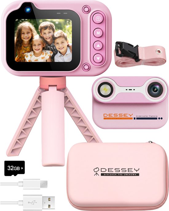 Appareil photo étanche pour enfants ODESSEY - avec trépied - Full HD - Appareil photo pour selfies - Carte SD de 32 Go - Photo - Vidéo - Jeux - Appareil photo numérique pour enfants - Appareil photo pour enfants - Rose